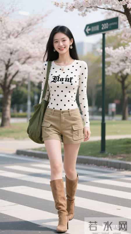 白底黑点上衣,搭配卡其色工装短裤利落显腿长,甜酷感拉满