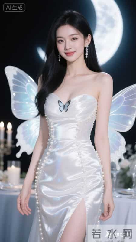 幻彩白缎面吊带裙，蝴蝶装饰，优雅灵动