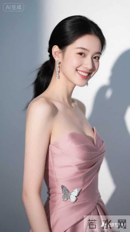 身着粉缎抹胸礼服，银蝶精致闪耀，浅笑间尽显优雅温柔