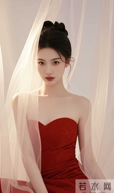 暖光里的抹胸红裙,裹着半透的纱,眉眼间的温柔能把人化在春日里
