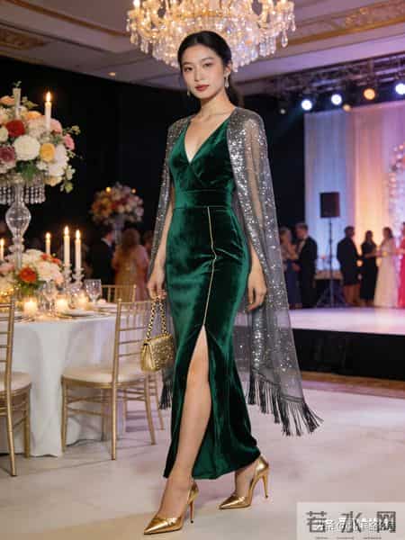 晚宴 C 位战袍！祖母绿丝绒长裙 + 金属亮片披肩，赴宴穿搭气场全开