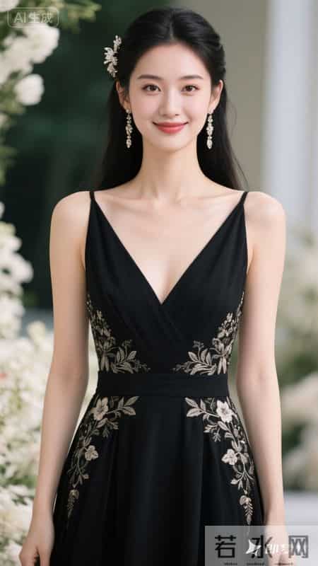 繁花缀满黑裙,温柔又明艳,在花墙前,氛围感直接拉满