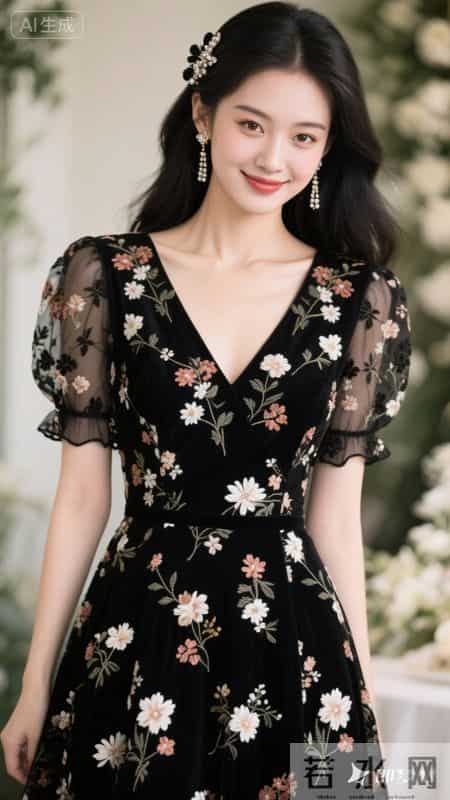繁花缀满黑裙,温柔又明艳,在花墙前,氛围感直接拉满