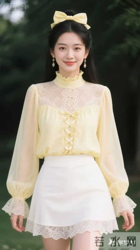 淡黄蕾丝配蝴蝶结，甜妹风拉满，温柔又显气质