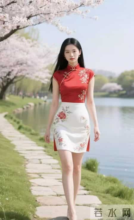 新中式风格设计衣服美女 穿梭在樱花盛开地方