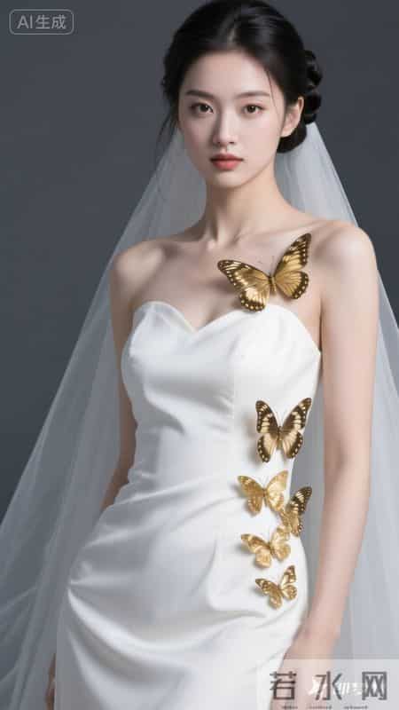 一袭抹胸白裙缀满金蝶，清冷又尽显优雅韵味