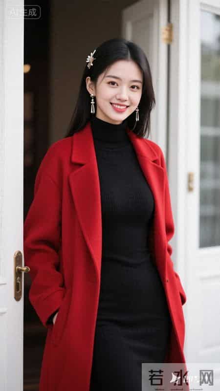 正红大衣搭黑色针织裙，明艳大气，简约又高级