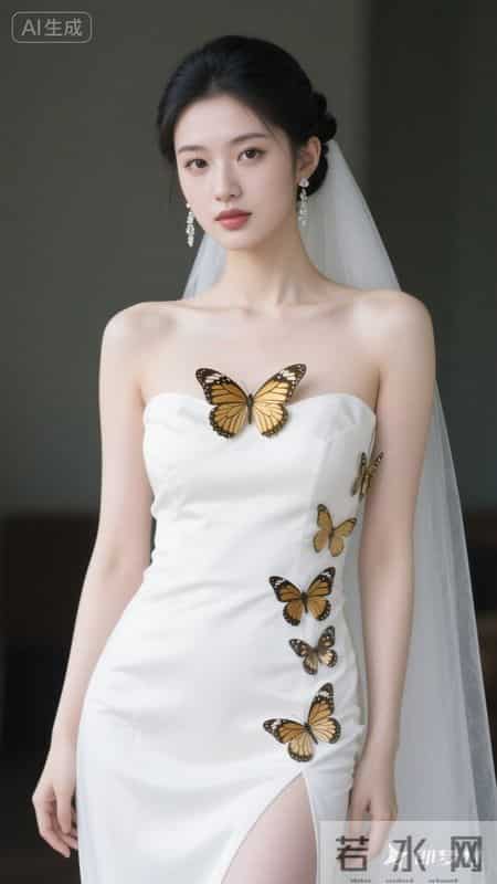 一袭抹胸白裙缀满金蝶，清冷又尽显优雅韵味
