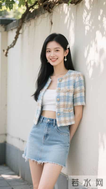 小香风外套配牛仔裙，在斑驳光影里，把优雅和随性穿在身上