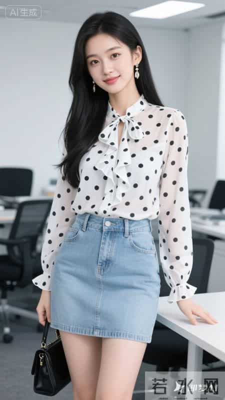 波点雪纺衬衫，搭配浅色牛仔裙，甜美又灵动