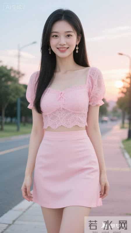 粉蕾丝泡泡袖上衣配同色包臀裙，漫步黄昏街道，甜美精致又温柔