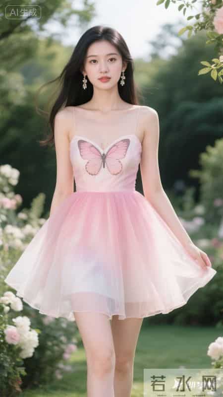 渐变粉纱裙配蝴蝶装饰,邂逅粉色浪漫