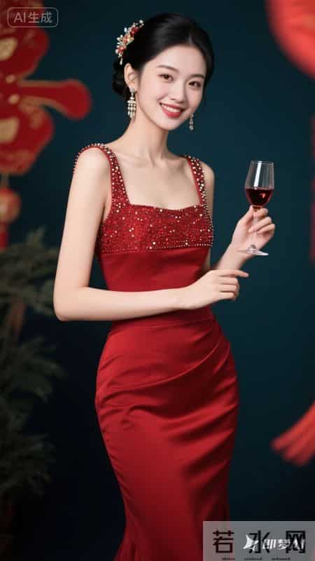 正红缎面鱼尾礼服缀满钻饰，衬得身姿窈窕，明艳大气