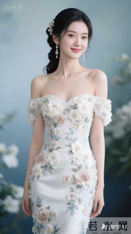 一字肩刺绣礼服，设计雅致灵动