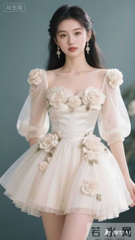 浅色纱裙缀满立体玫瑰，清甜又灵动