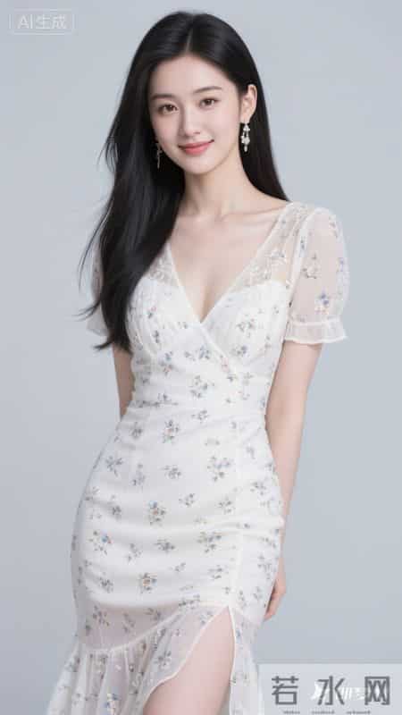 V领碎花连衣裙，鱼尾裙摆，清新又显身材