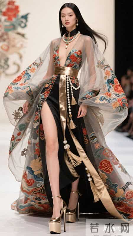 东方美女。远景拍摄，中西结合长礼服，夸张的拖尾，立体裁剪