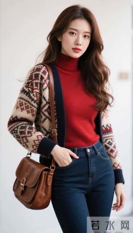 菱格图案毛衣与牛仔裤