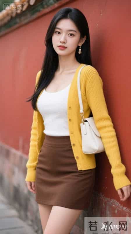 明黄针织开衫搭配白背心与棕短裙，活力又温柔