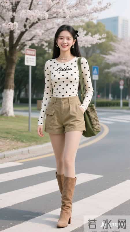 白底黑点上衣,搭配卡其色工装短裤利落显腿长,甜酷感拉满