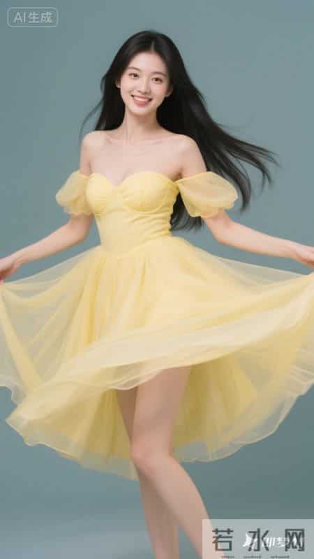 穿着淡黄色一字肩纱裙，裙摆轻盈飘逸，在草地上奔跑，清新又好看