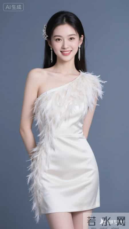 斜肩裙饰羽毛,缎面质感高级,温柔又显气质