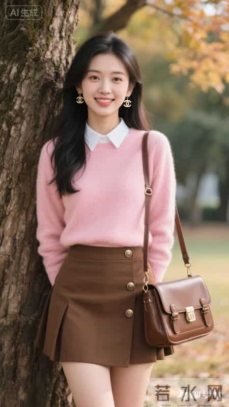粉糯针织衫配棕色皮裙，元气又温柔的秋日穿搭