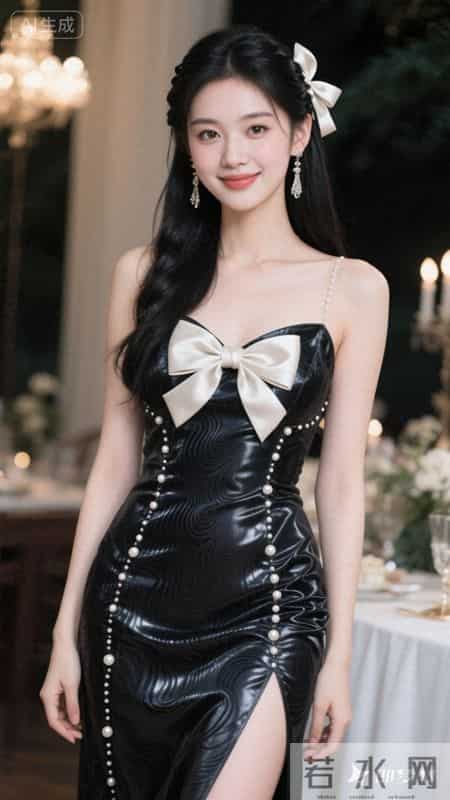 黑色亮面吊带裙，蝴蝶结与珍珠装饰，甜酷又亮眼