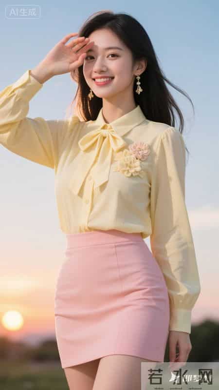 春日穿搭-奶黄衬衫+粉色短裙