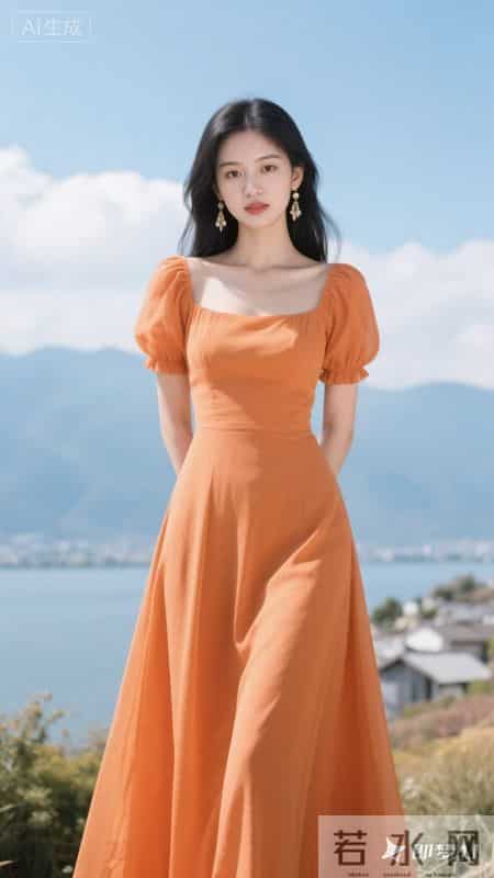 暖橘色方领泡泡袖连衣裙，清新又元气