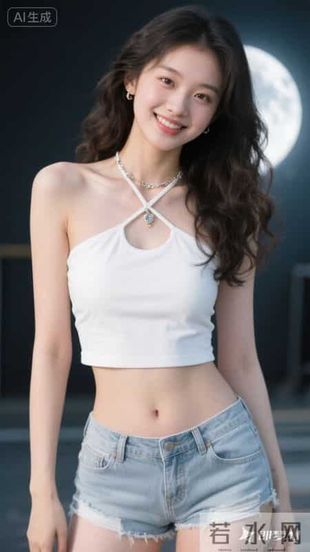 白色挂脖吊带搭牛仔短裤,冷白皮衬得清爽,纯欲又利落