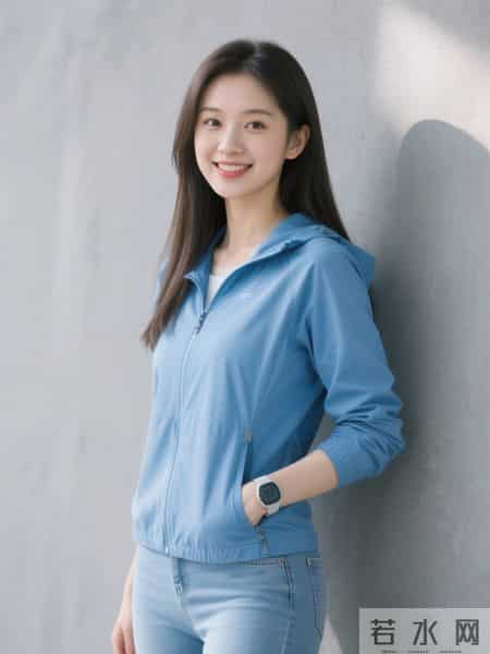 光影下的蓝色冲锋衣与牛仔裤