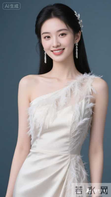 斜肩裙饰羽毛,缎面质感高级,温柔又显气质