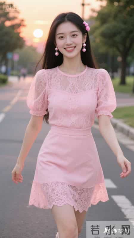 粉蕾丝泡泡袖上衣配同色包臀裙，漫步黄昏街道，甜美精致又温柔