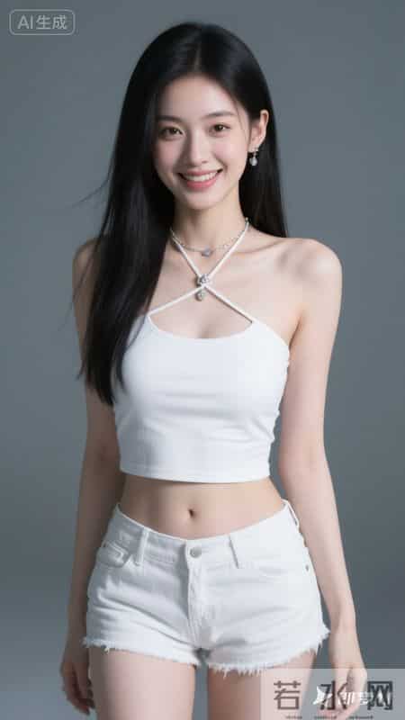 白色挂脖吊带搭牛仔短裤,冷白皮衬得清爽,纯欲又利落