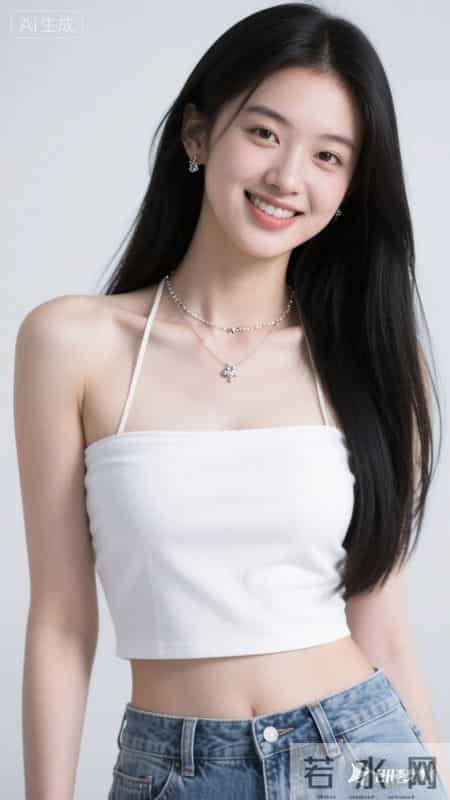 白色挂脖吊带搭牛仔短裤,冷白皮衬得清爽,纯欲又利落