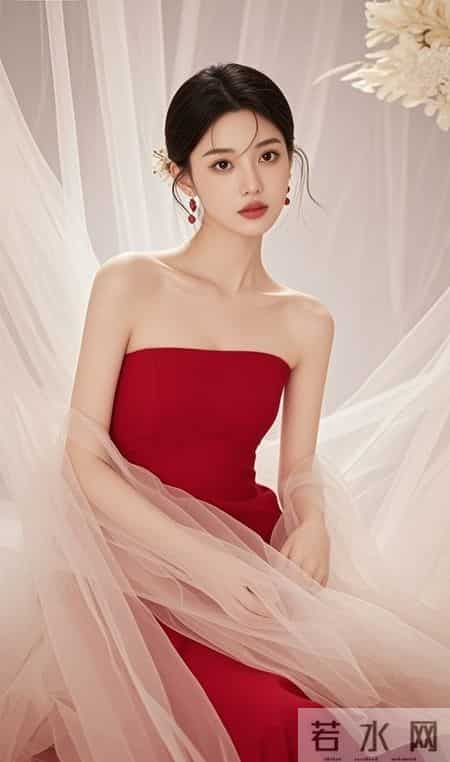 暖光里的抹胸红裙,裹着半透的纱,眉眼间的温柔能把人化在春日里