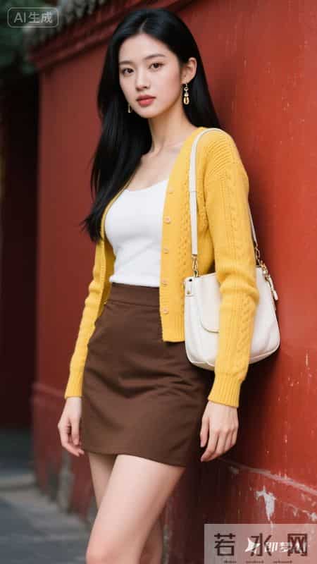 明黄针织开衫搭配白背心与棕短裙，活力又温柔