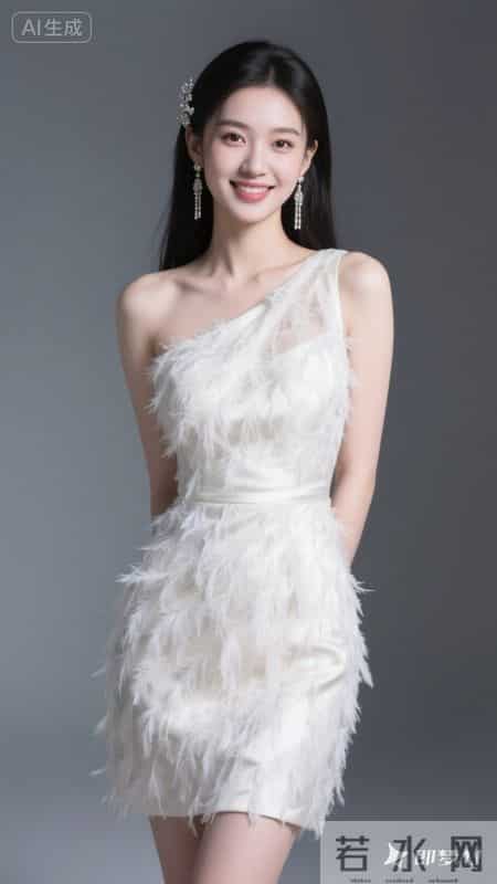 斜肩裙饰羽毛,缎面质感高级,温柔又显气质