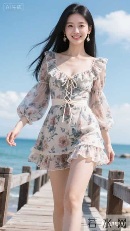 蓝白碎花方领连衣裙,泡泡袖+荷叶边设计,清新又显气质