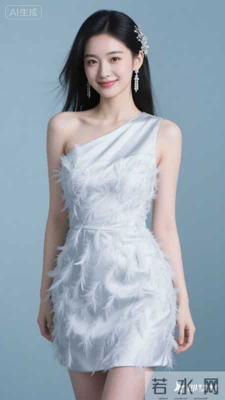 斜肩裙饰羽毛,缎面质感高级,温柔又显气质