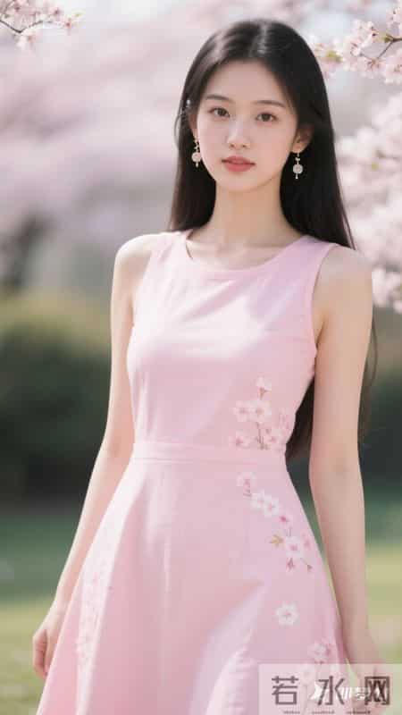 粉色连衣裙，樱花元素点缀，清新又甜美