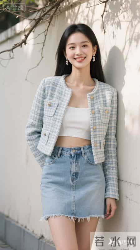 小香风外套配牛仔裙，在斑驳光影里，把优雅和随性穿在身上