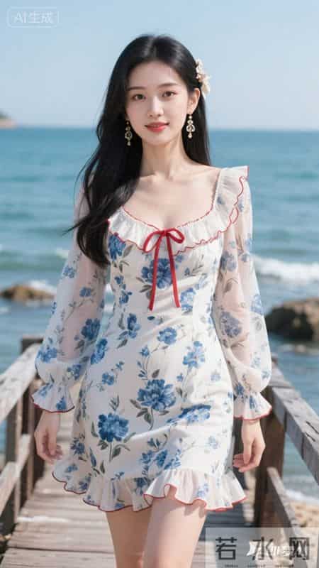 蓝白碎花方领连衣裙,泡泡袖+荷叶边设计,清新又显气质