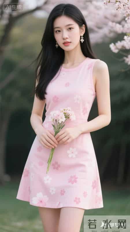 粉色连衣裙，樱花元素点缀，清新又甜美