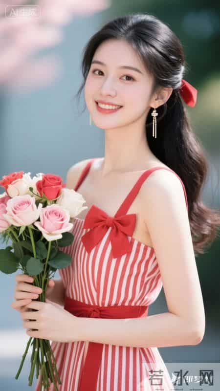 身着红白条纹吊带裙，蝴蝶结点缀胸前，手持玫瑰，尽显清甜灵动