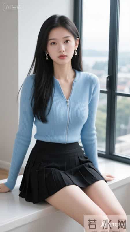 浅蓝针织衫配黑百褶裙，简约清新又显活力