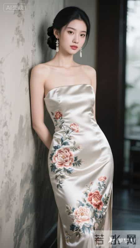 缎面旗袍绣繁花，立领高开叉，在回廊间邂逅东方雅致