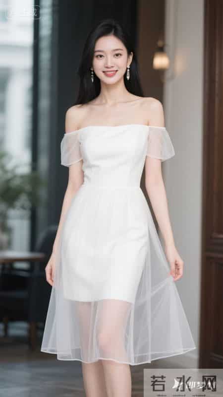 一字肩网纱连衣裙，薄袖轻透，裙摆灵动，尽显温柔优雅的气质