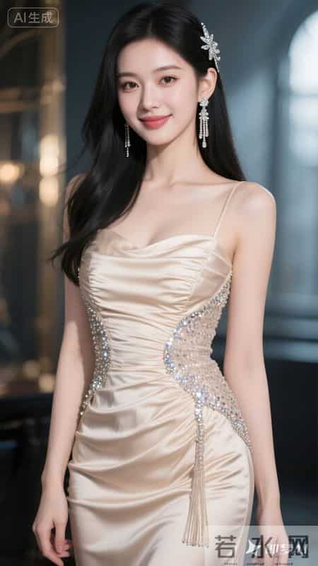 香槟色缎面吊带裙缀满钻饰流苏，开叉设计尽显优雅又不失性感魅力